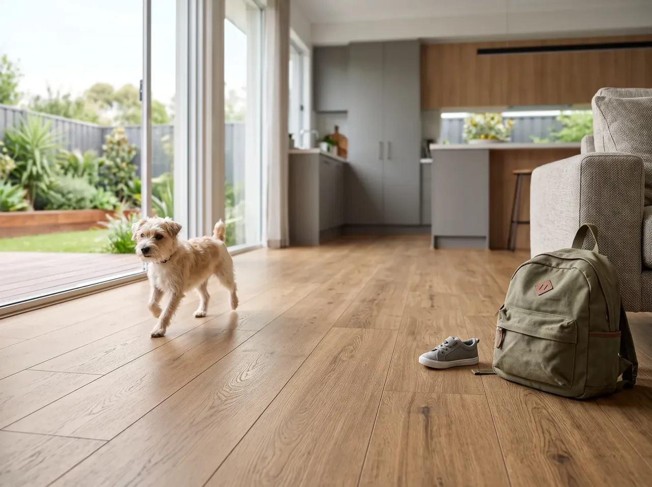 Puppy trotting across oak laminate flooring in a family home