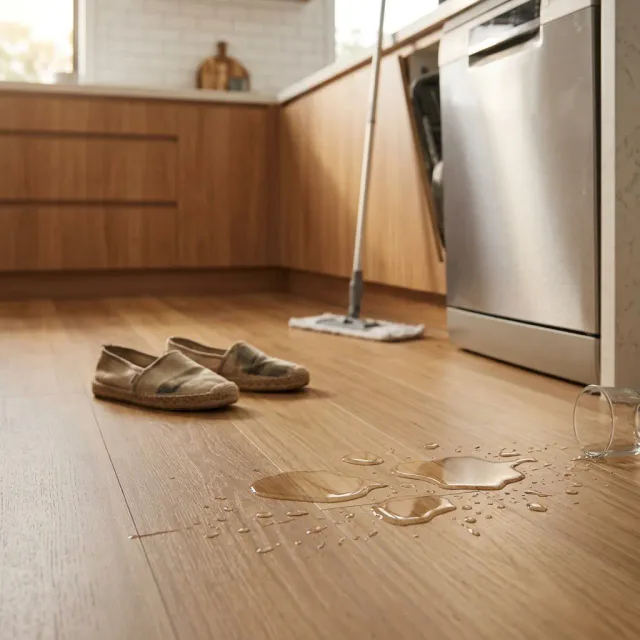 Waterproof hybrid flooring shrugging off a kitchen spill