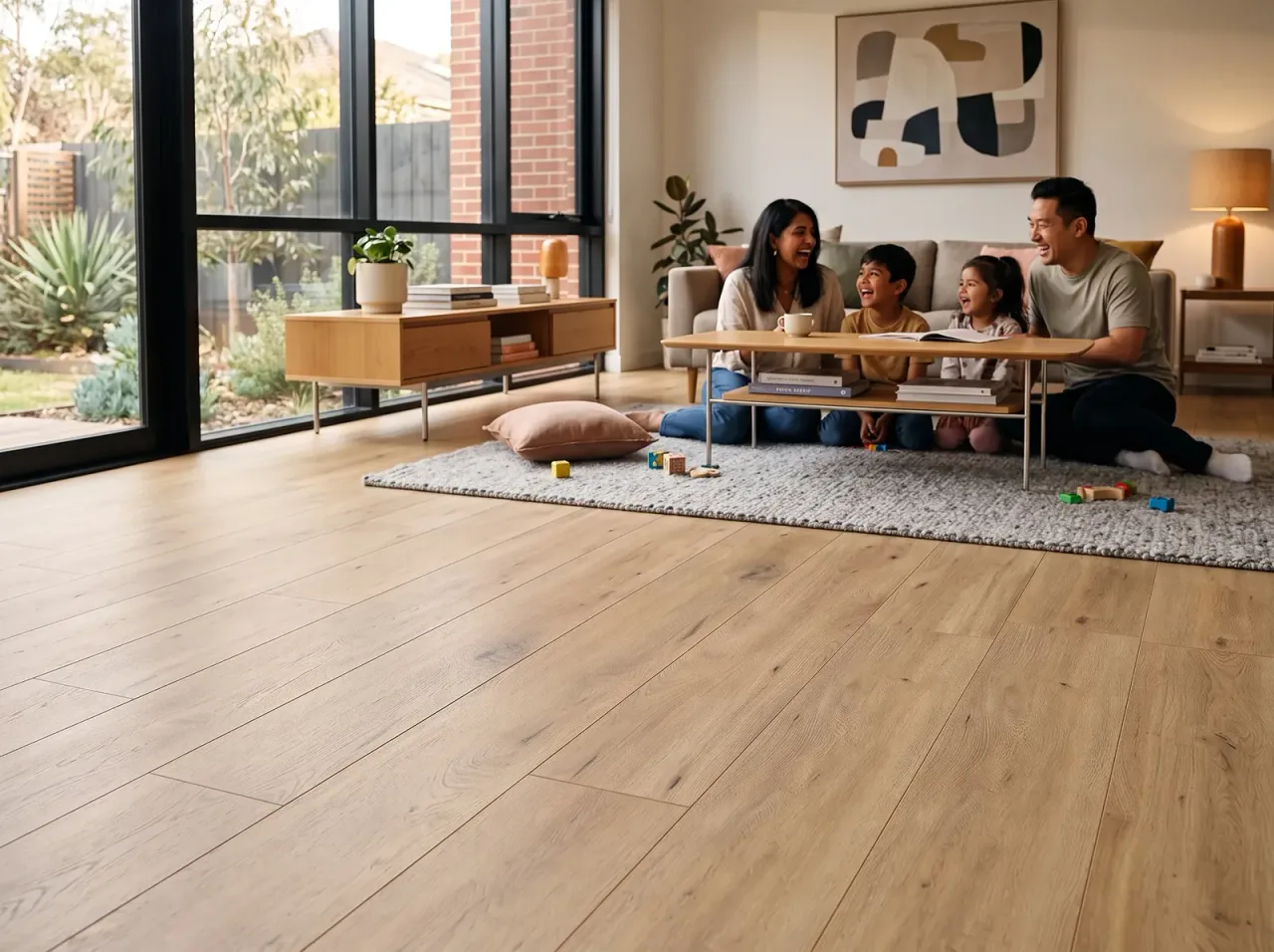 Family relaxing in a living room on light oak laminate flooring