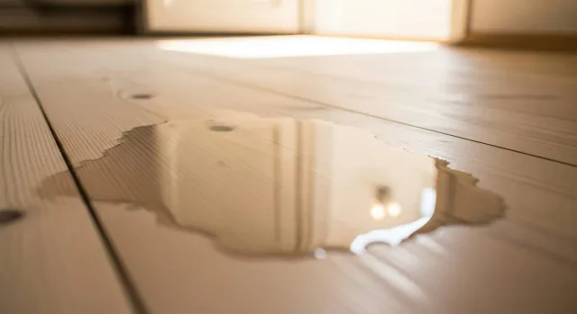 Water spilled on a timber-look floorboard — slip resistance context