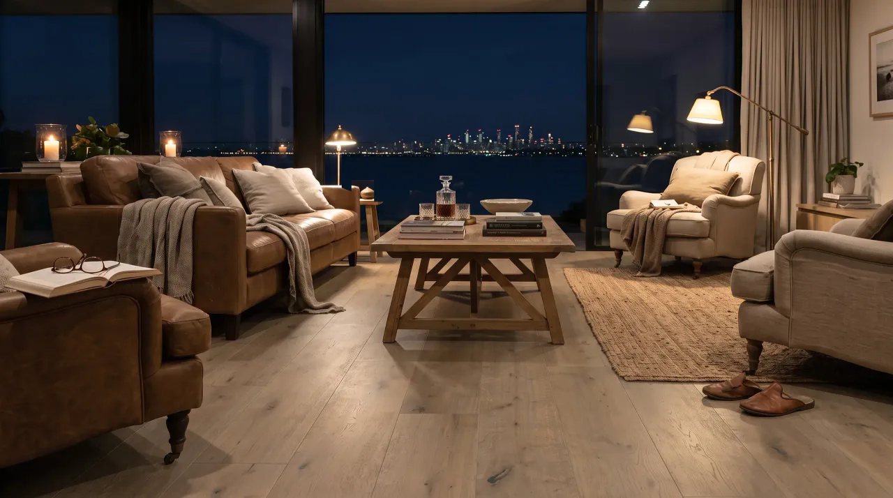 Bayside living room with engineered timber flooring