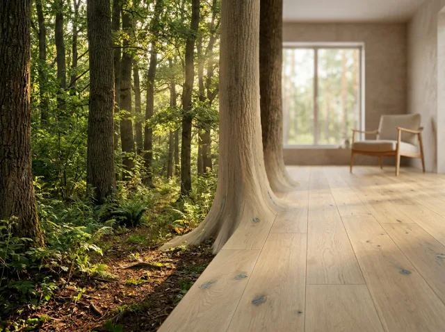 From forest to floor — European Oak flooring emerging from the forest