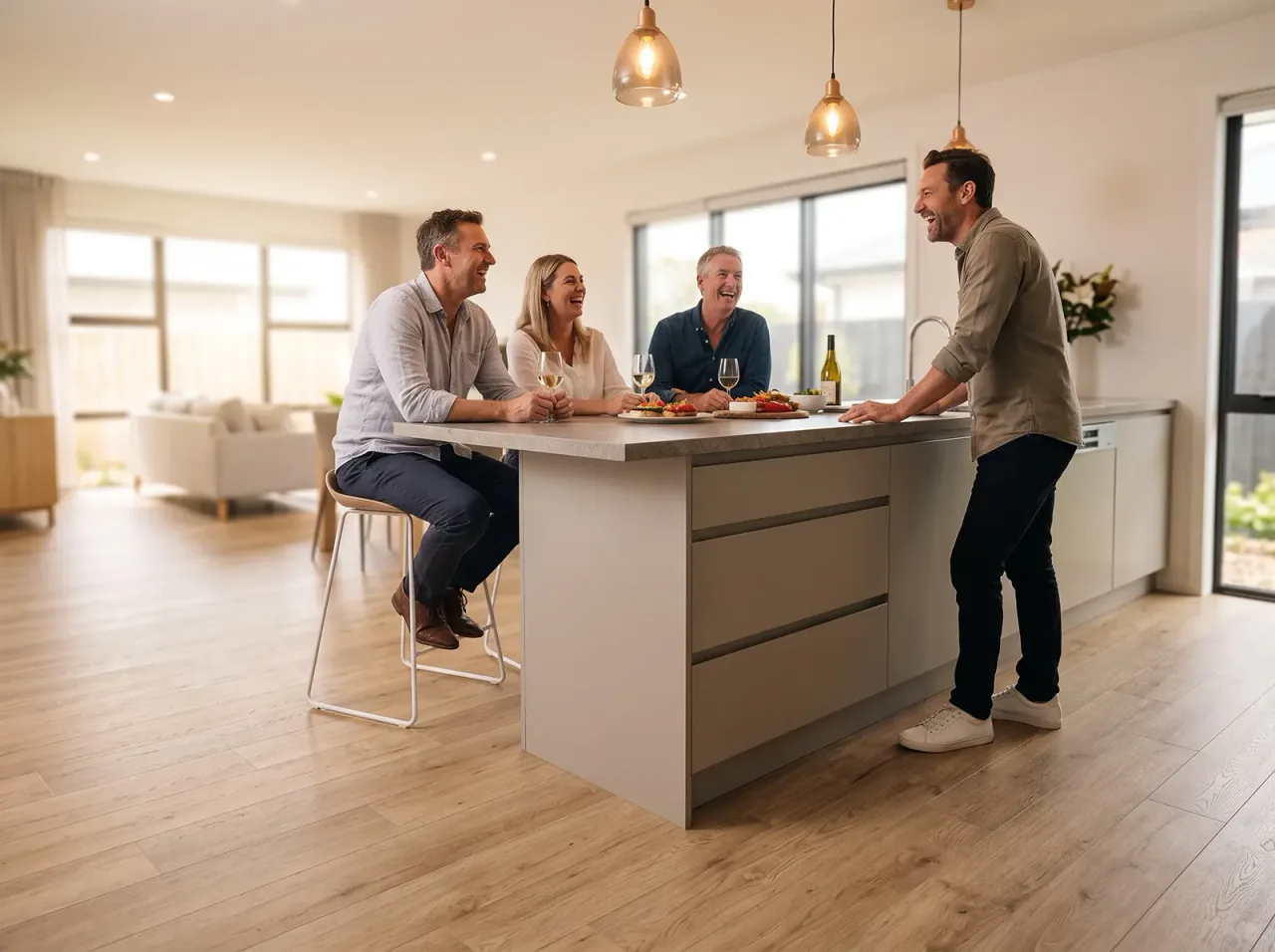 Family gathered around a kitchen island on hybrid oak flooring
