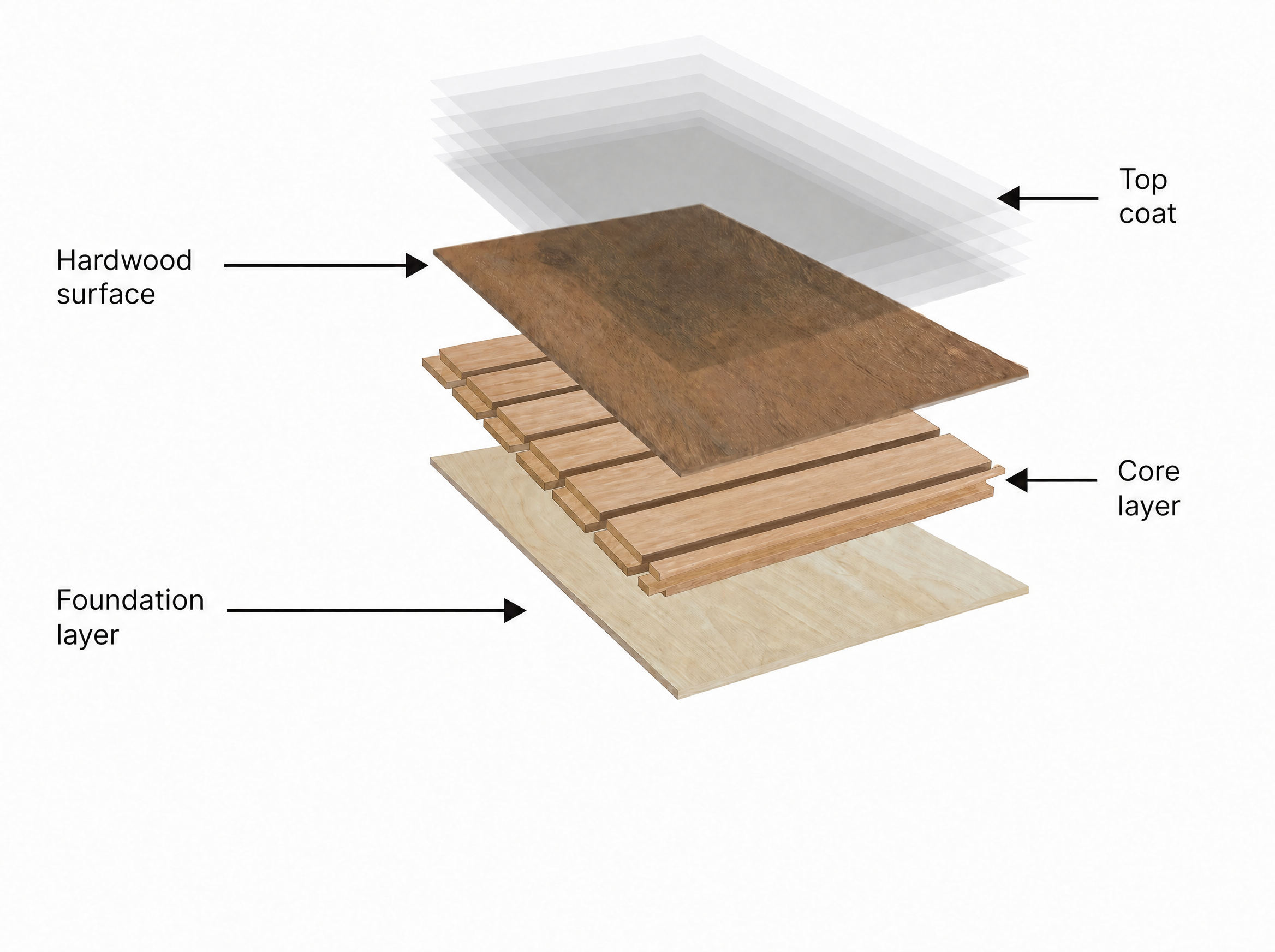 Exploded diagram showing the four engineered timber floor layers: top coat, hardwood surface, core layer, and foundation layer