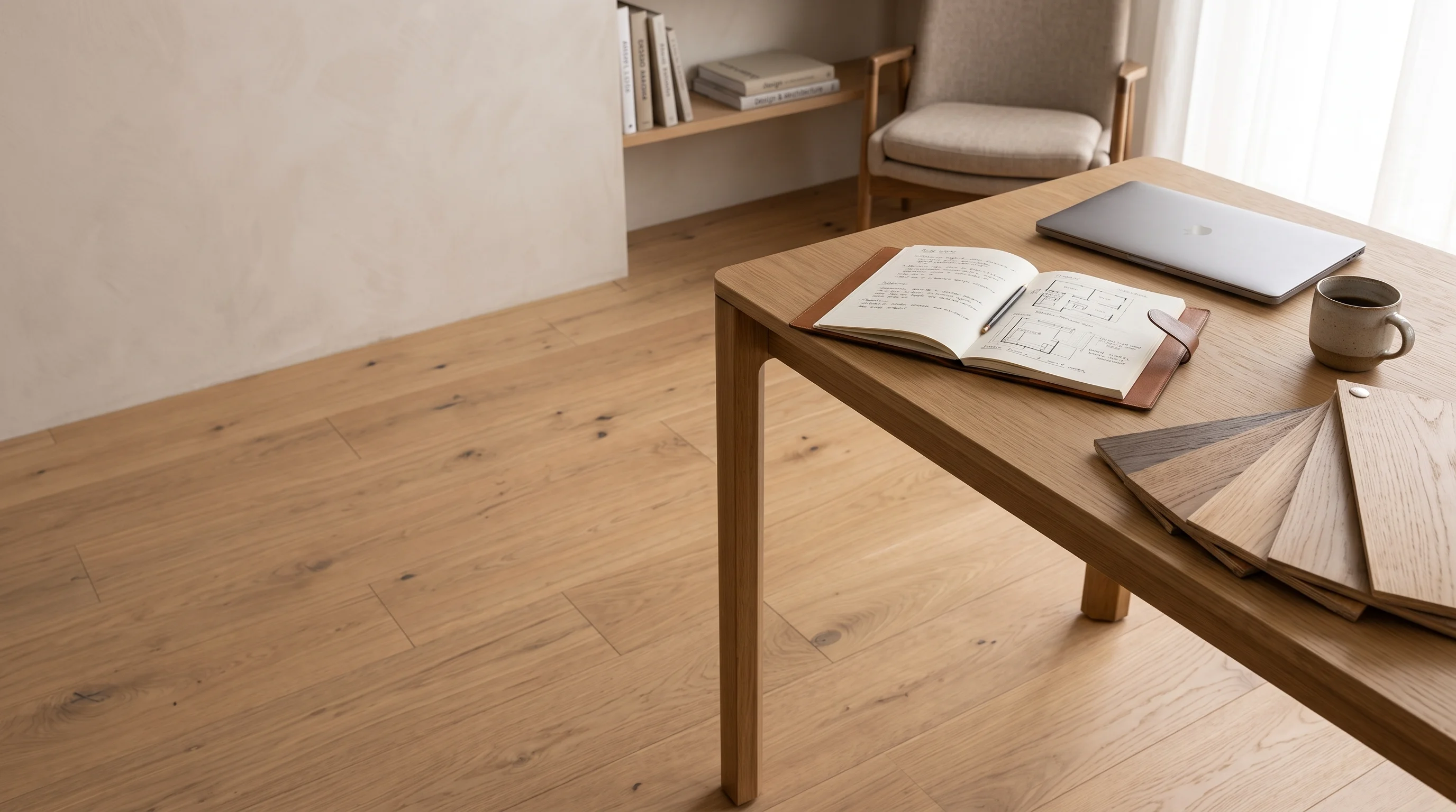 Oak flooring with design notebook and timber samples